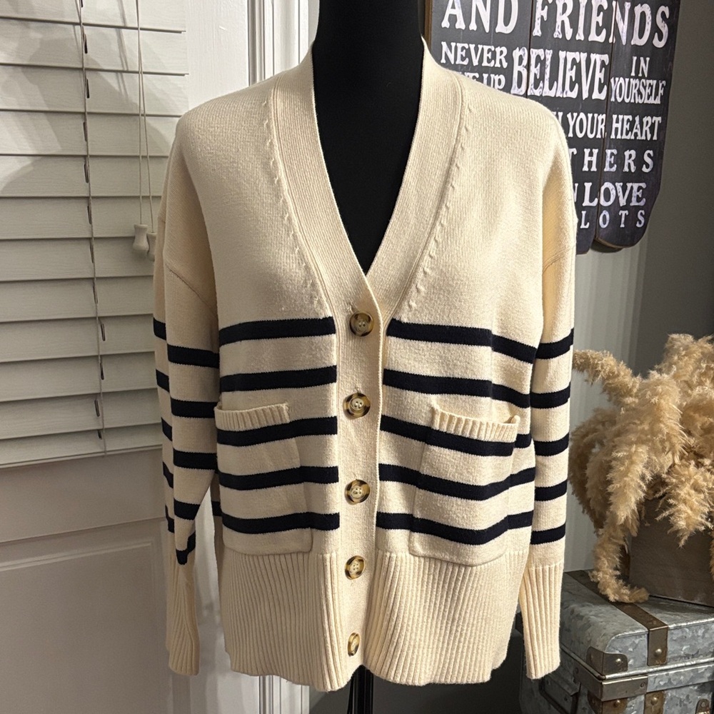 Zara Knit Cardigan Cream Black Stripe Button Front Sweater Size S Coastal Preppy